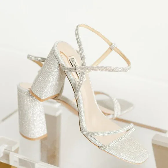 Badgley Mischka Rebekah Platinum Silver Women 8 Block Heel Sandal Fabric - Picture 12 of 14